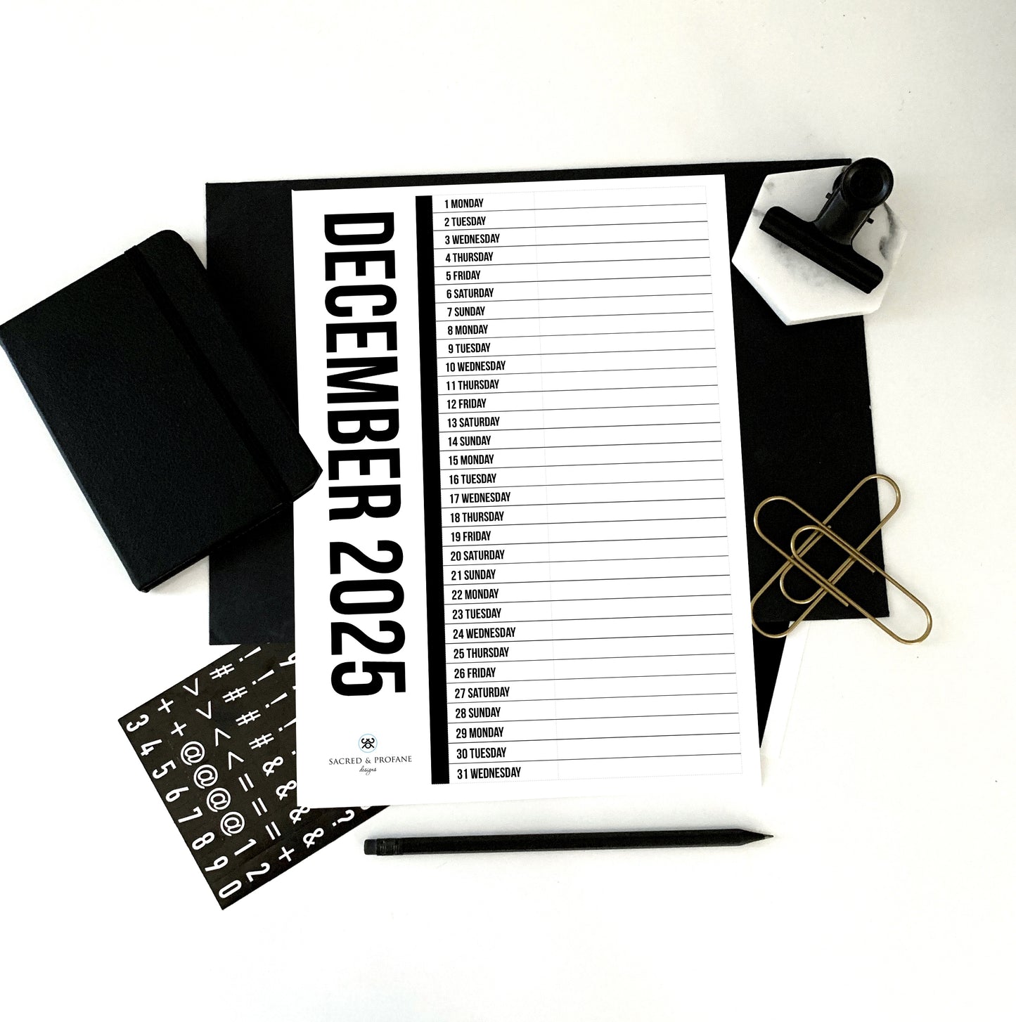 Black Vertical 2025 Printable Calendar