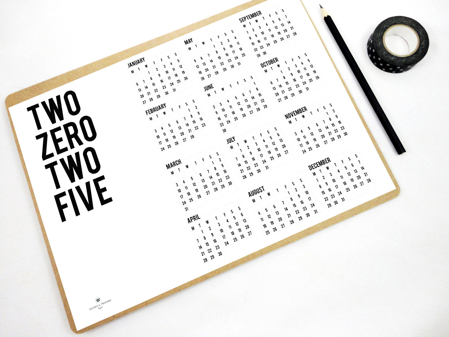 Two Zero Two Five Calendar, 2025 Yearly Printable Calendar
