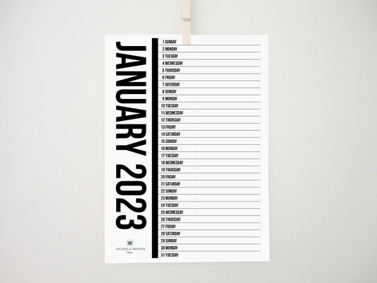 Black Vertical Printable Calendar 2023, 2023 Calendar, 2023 Planner