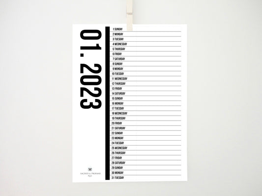 Vertical Digits No3 Calendar, 2023 Printable Calendar, Digital Calendar
