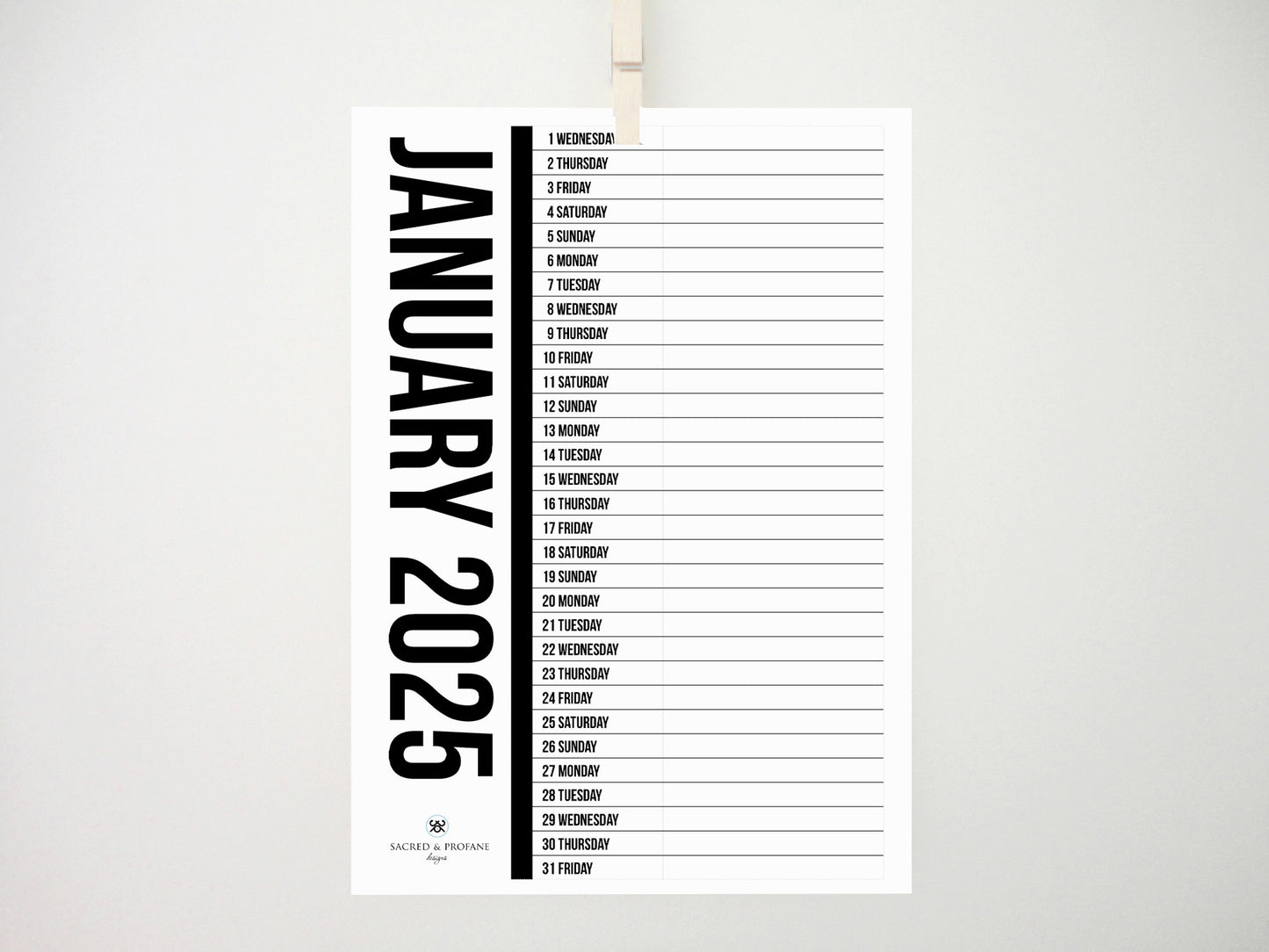 Black Vertical 2025 Printable Calendar