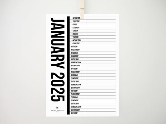 Black Vertical 2025 Printable Calendar